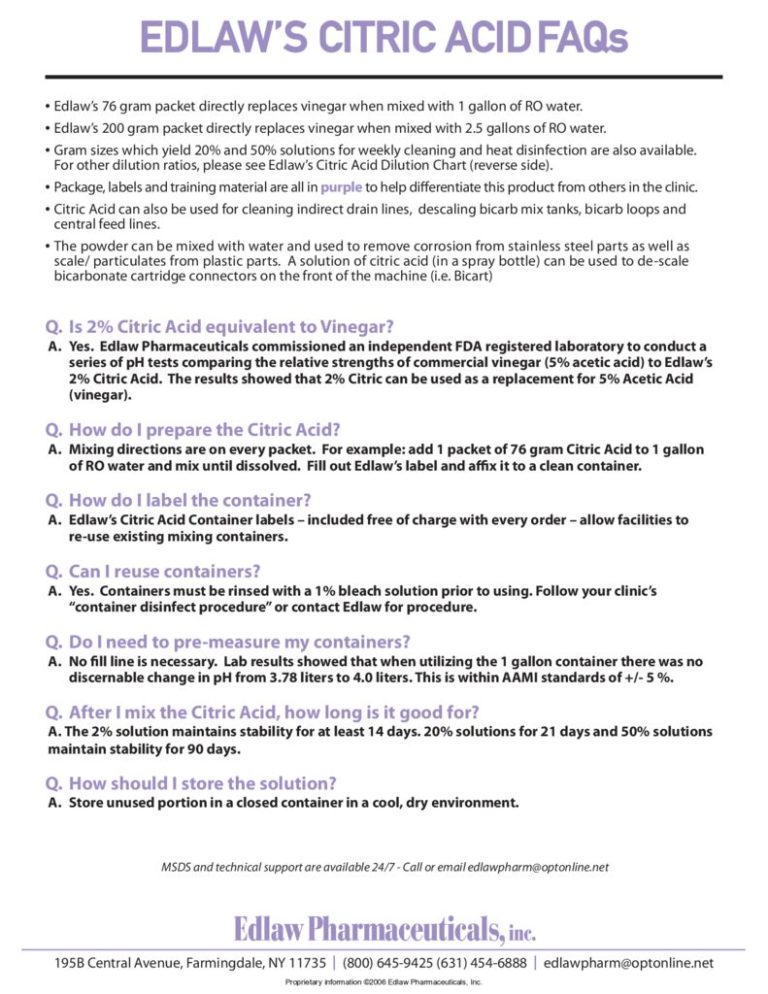 Citric Acid Edlaw Pharmaceuticals Inc
